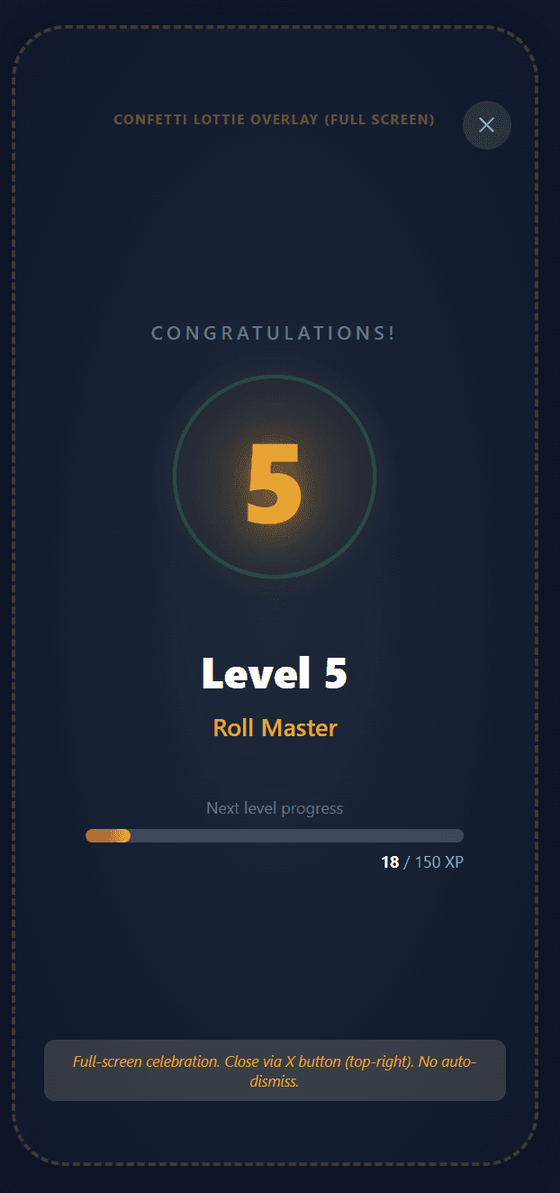 Level up celebration screen